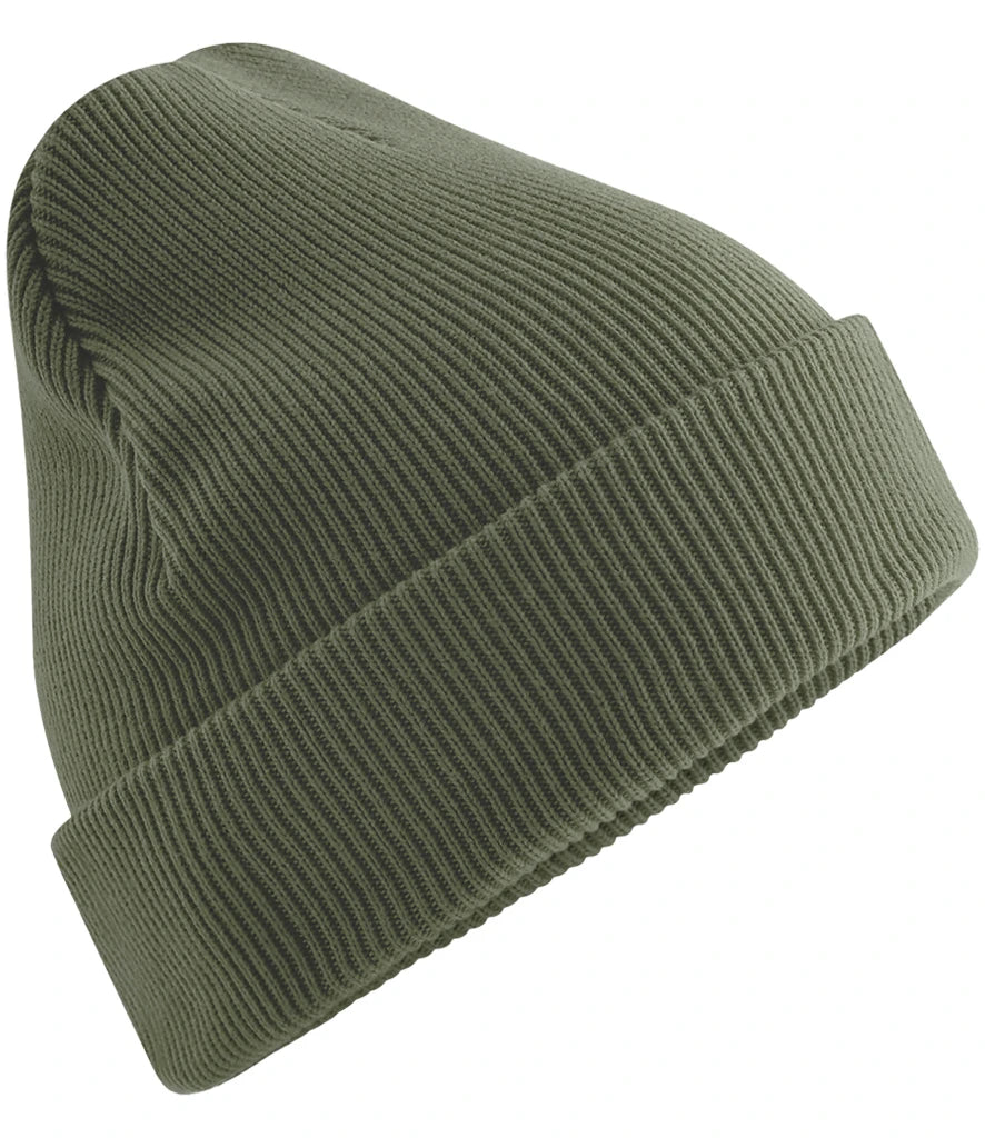 Product image of Beechfield Organic Cotton Original Heavyweight Cuffed Beanie in the colour olive green viewed from the side on a white background