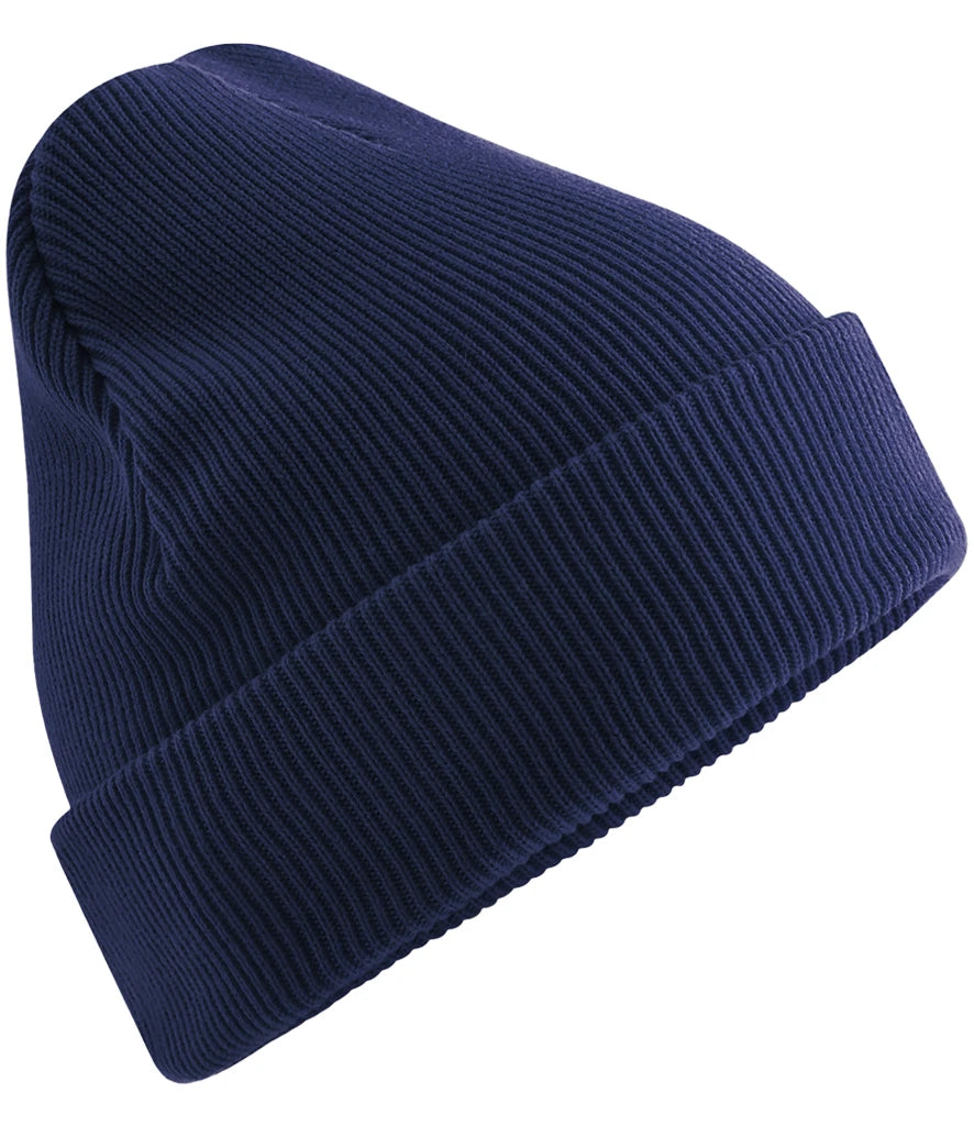 Product image of Beechfield Organic Cotton Original Heavyweight Cuffed Beanie in the colour oxford navy viewed from the side on a white background