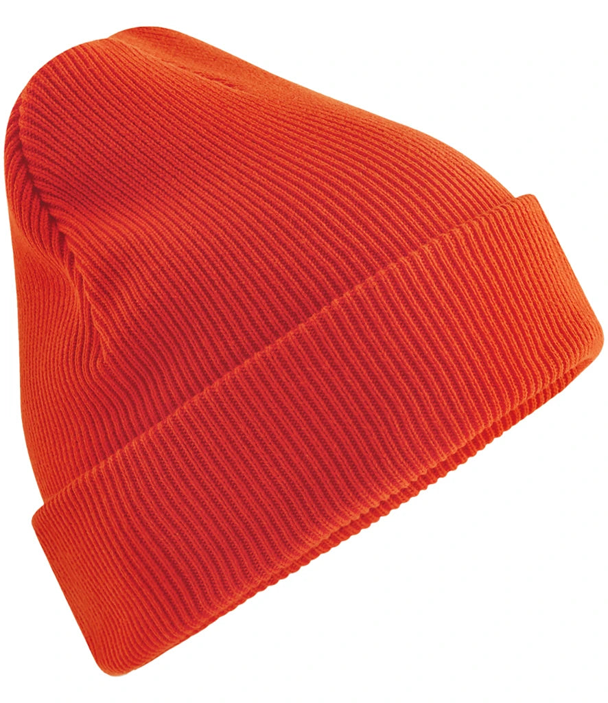Product image of Beechfield Organic Cotton Original Heavyweight Cuffed Beanie in the colour sunset viewed from the side on a white background