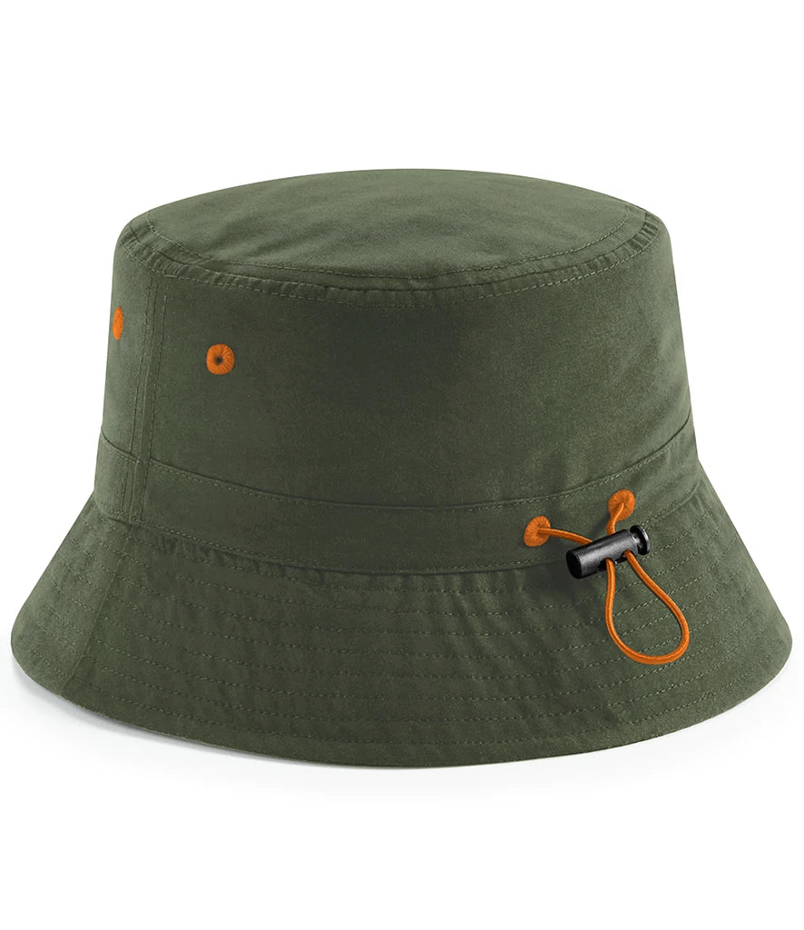 Green bucket hat with orange accents on a white background