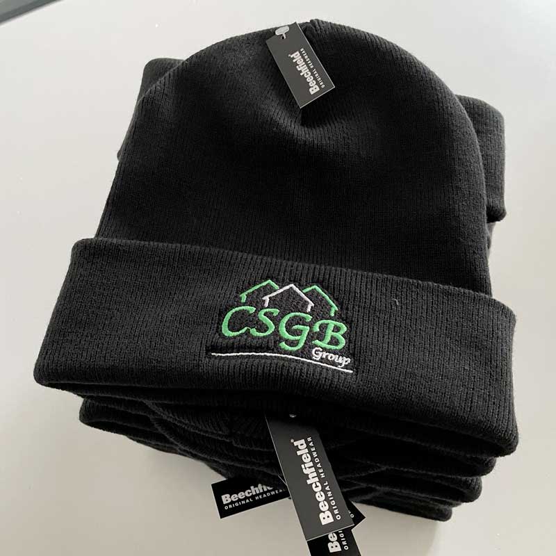 Example of Work Beechfield Black Beanie Embroidered with Cheshire Shed's logo