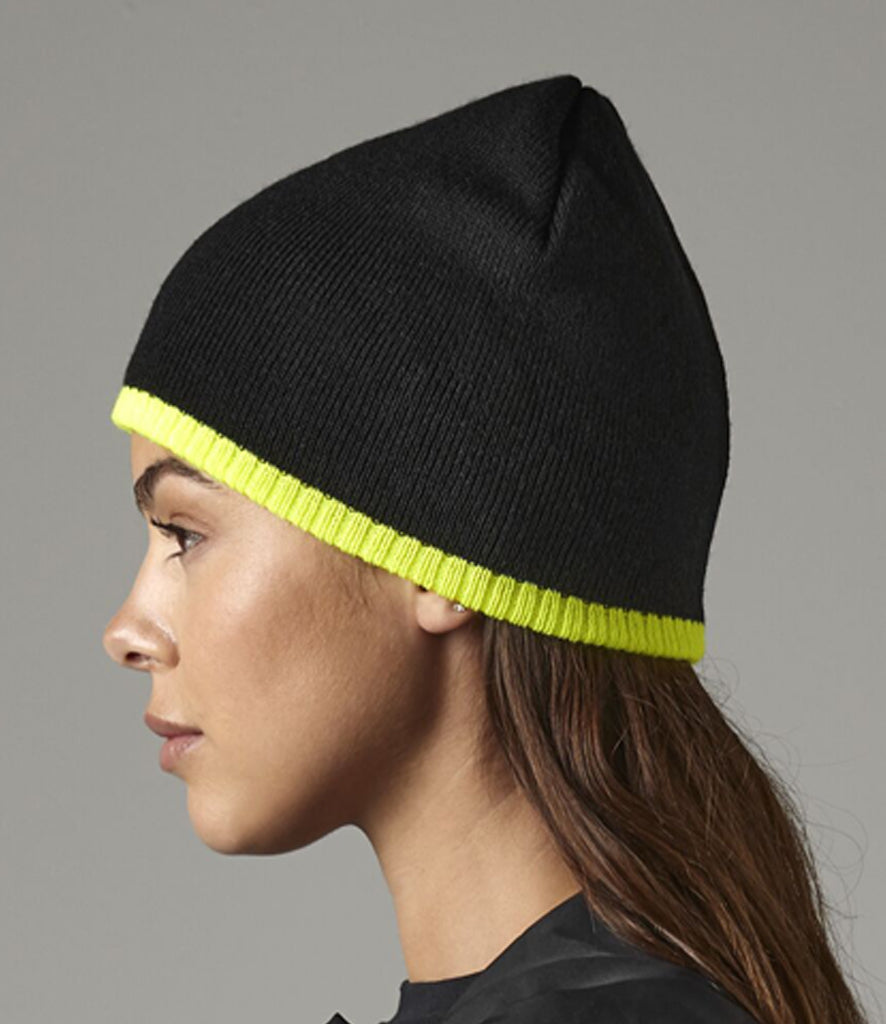 model image bb44c beechfield two tone pull-on beanie in black and fluorescent yellow