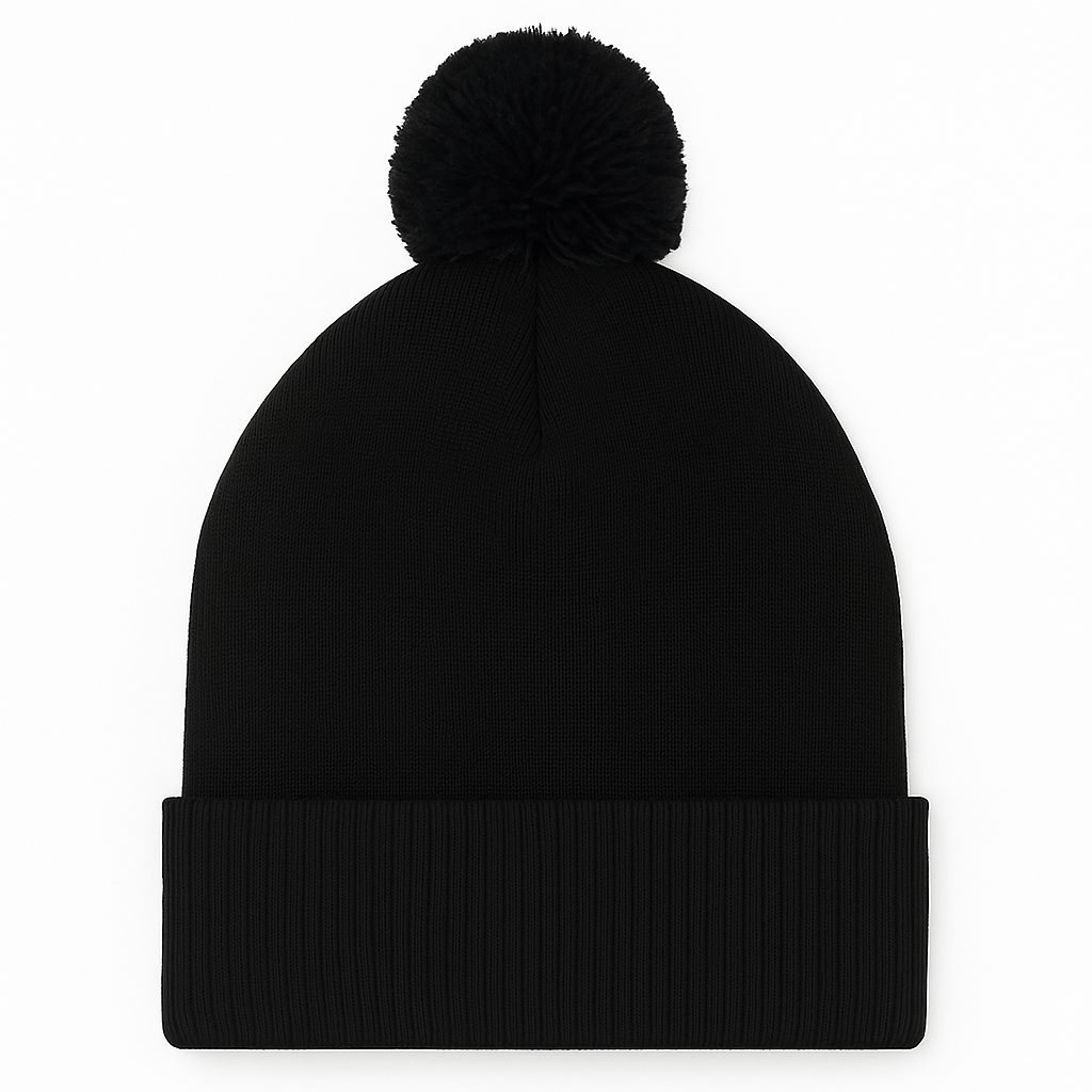 Black beanie with pom-pom on a white background