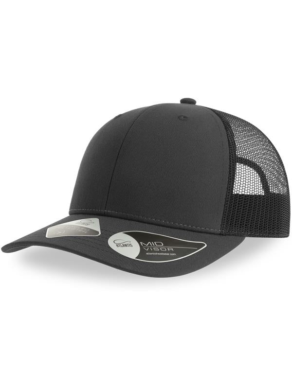 Product image of Atlantis Bryce Recycled Trucker 6 Panel Cap in black/dark grey on a white background
