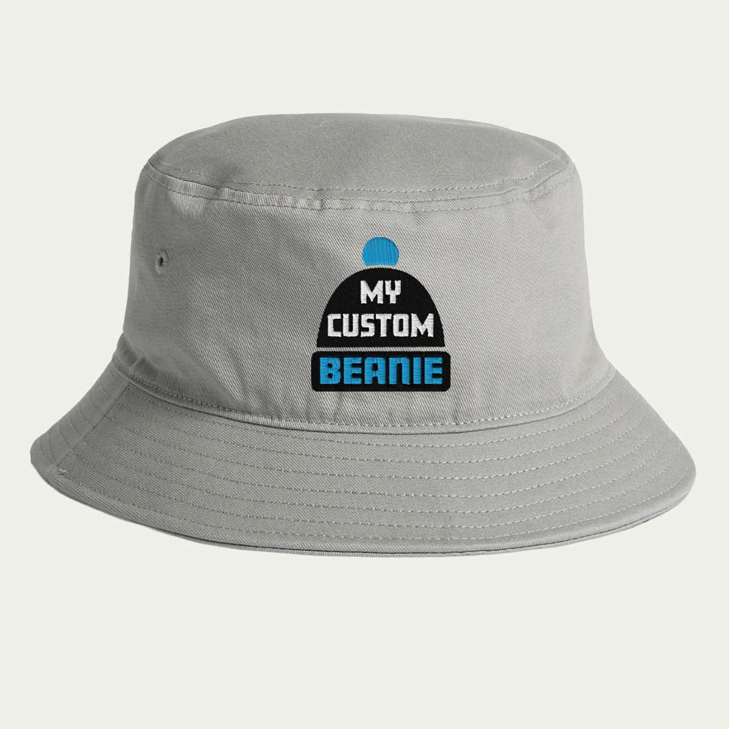 Gray bucket hat with My Custom Beanie embroidered logo on a light gray background