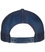 product image of flexfit 5 panel retro trucker cap in the colour navy viewed from the back photographed on a white background 