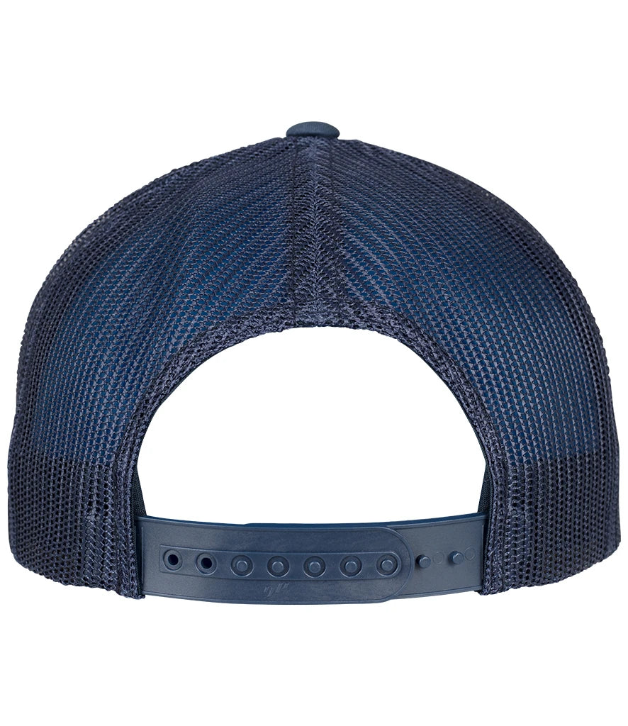 product image of flexfit 5 panel retro trucker cap in the colour navy viewed from the back photographed on a white background 