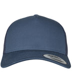 product image of flexfit 5 panel retro trucker cap in the colour navy viewed from the front photographed on a white background 
