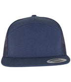 navy Flexfit 7 Panel Trucker Cap viewed from the front on a white background