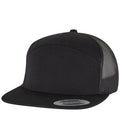 black Flexfit 7 Panel Trucker Cap viewed from the front on a white background