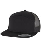 black Flexfit 7 Panel Trucker Cap viewed from the front on a white background