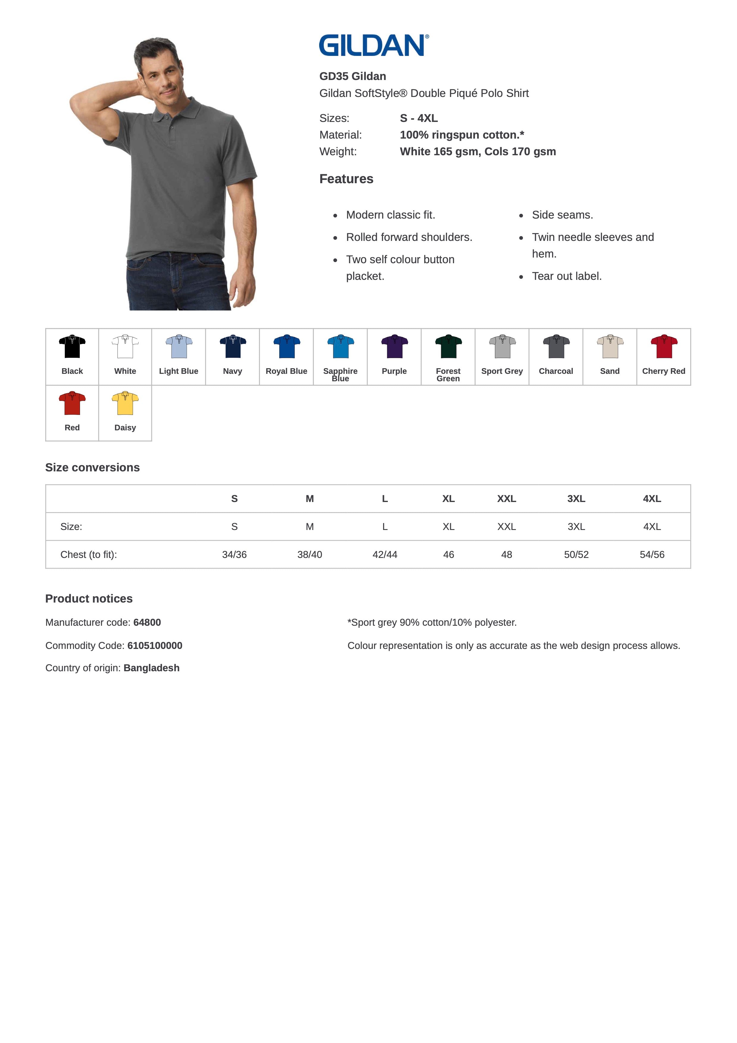 GD35 gildan softstyle polo-shirt product sheet showing product features, colours and sizes