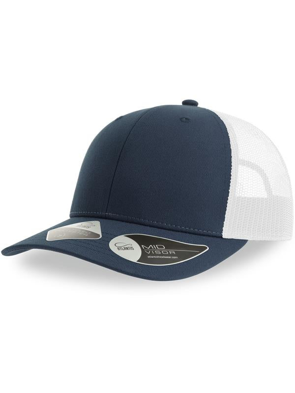 Product image of Atlantis Bryce Recycled Trucker 6 Panel Cap in navy/white on a white background
