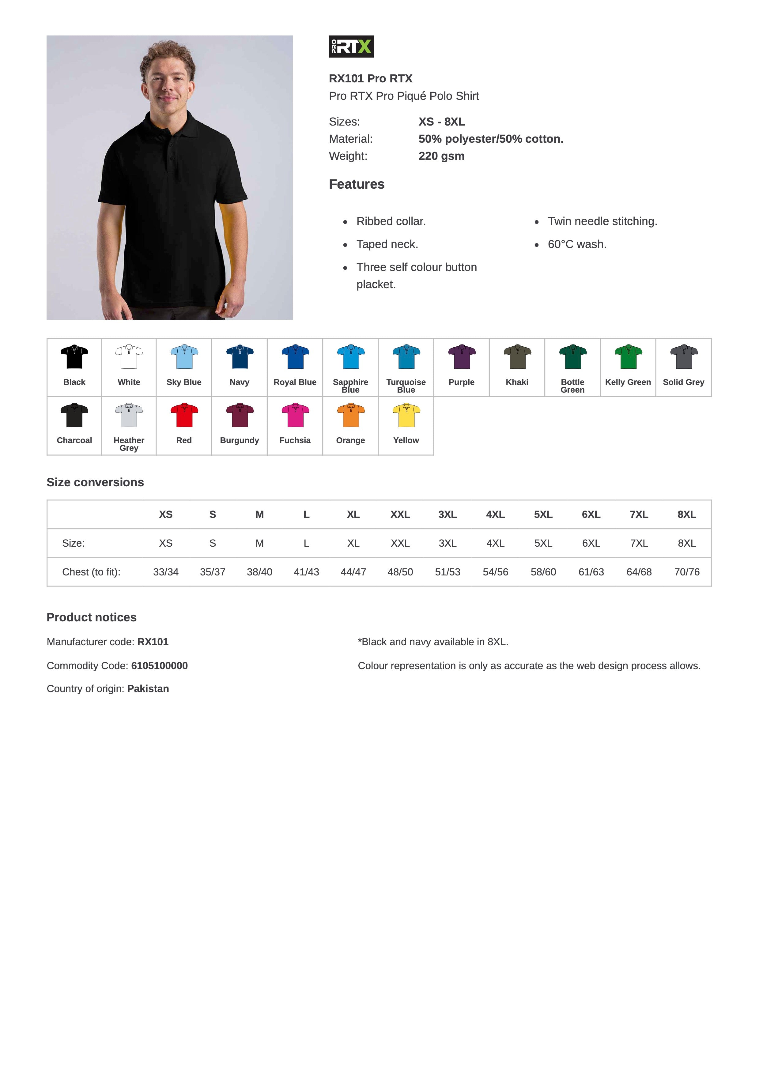 PRO RTX RX101 Polo-shirt Colour and Sizing Details