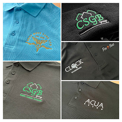 Collage of embroidered polos-shirts and beanies showing examples of our work