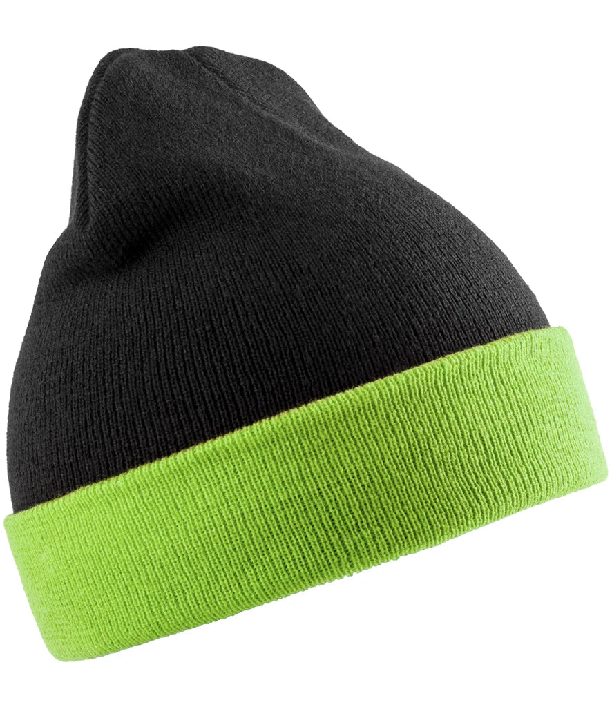product image of Result Recycled Compass Beanie in colour black and lime green photographed on a white background