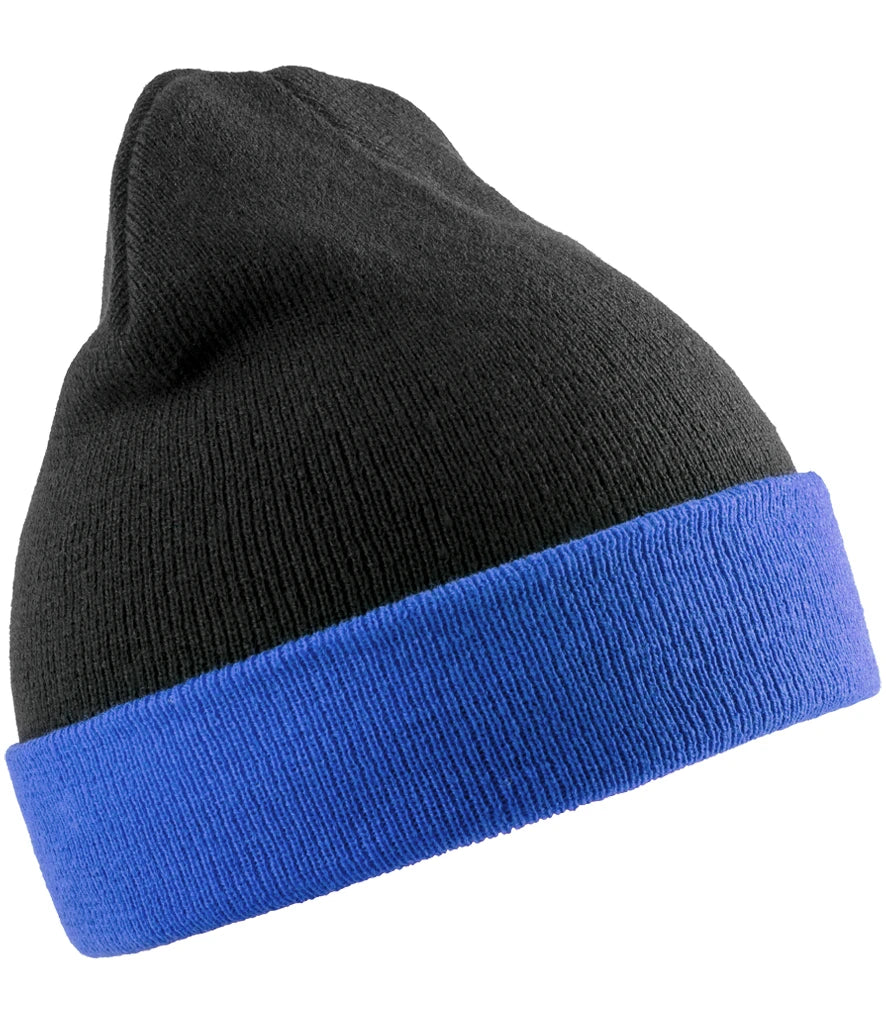 product image of Result Recycled Compass Beanie in colour black and royal blue photographed on a white background