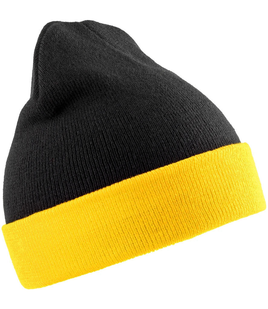 product image of Result Recycled Compass Beanie in colour black and yellow photographed on a white background