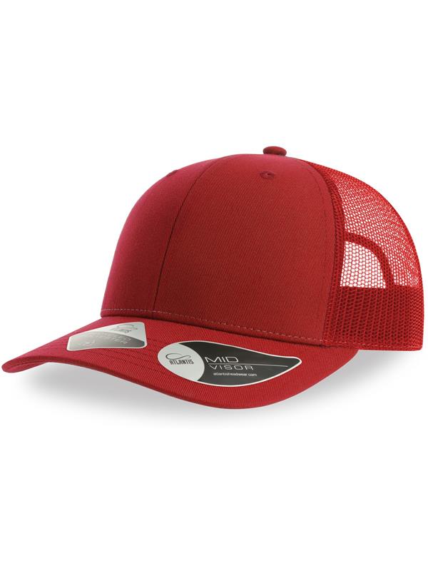 Product image of Atlantis Bryce Recycled Trucker 6 Panel Cap in red/red on a white background
