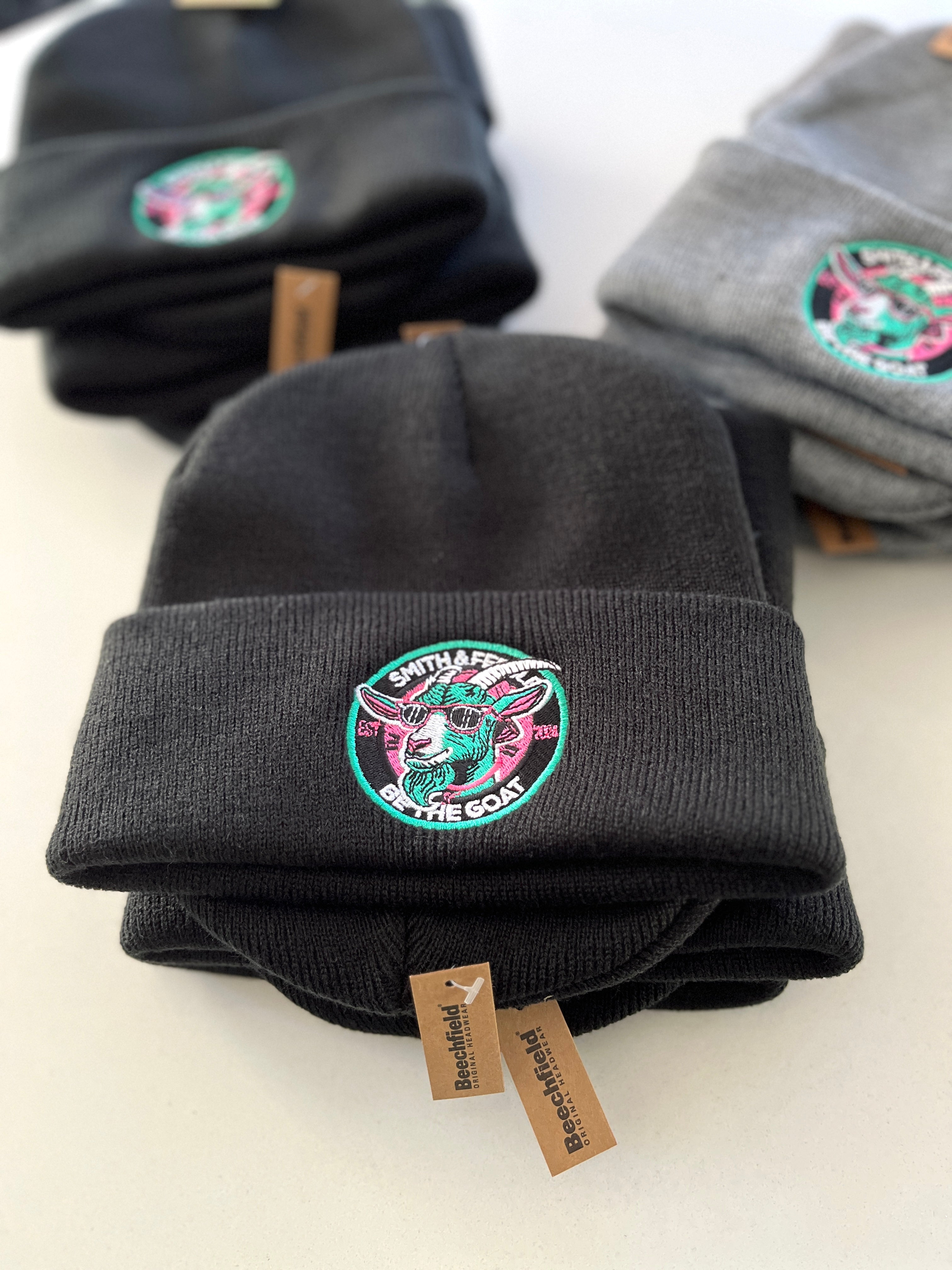 Smith & Feeble GOAT Logo Embroidered onto Black Beechfield Cuffed Beanies
