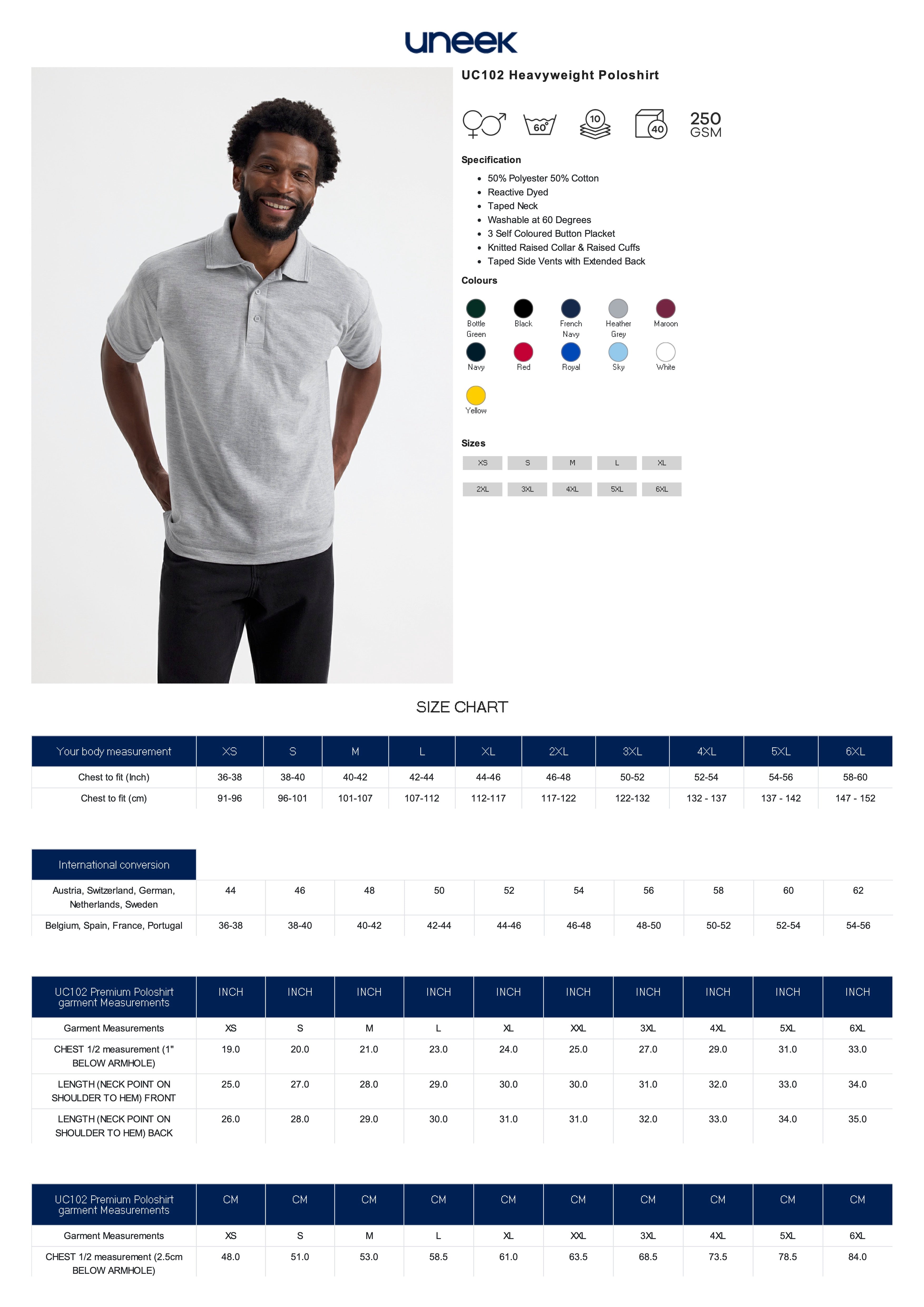 Product specification sheet and sizing details for uneek uc102 heavyweight polo-shirt