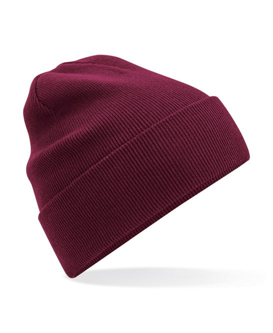 product image of Beechfield Organic Cotton Original Cuffed Beanie in colour burgundy shot on a white background
