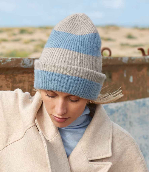 Model Image Beechfield Colour Block Beanie Natural Stone And Dusty Blue