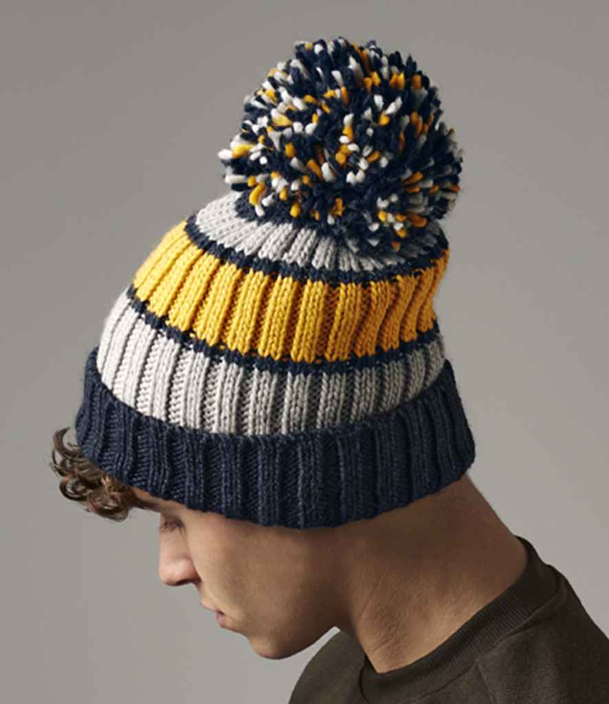 Model Image Beechfield Hygge Striped Beanie Dijon Blue