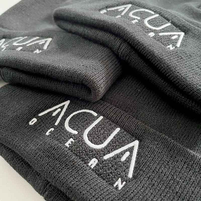 example of work beechfield cuffed beanie with embroidered acua logo