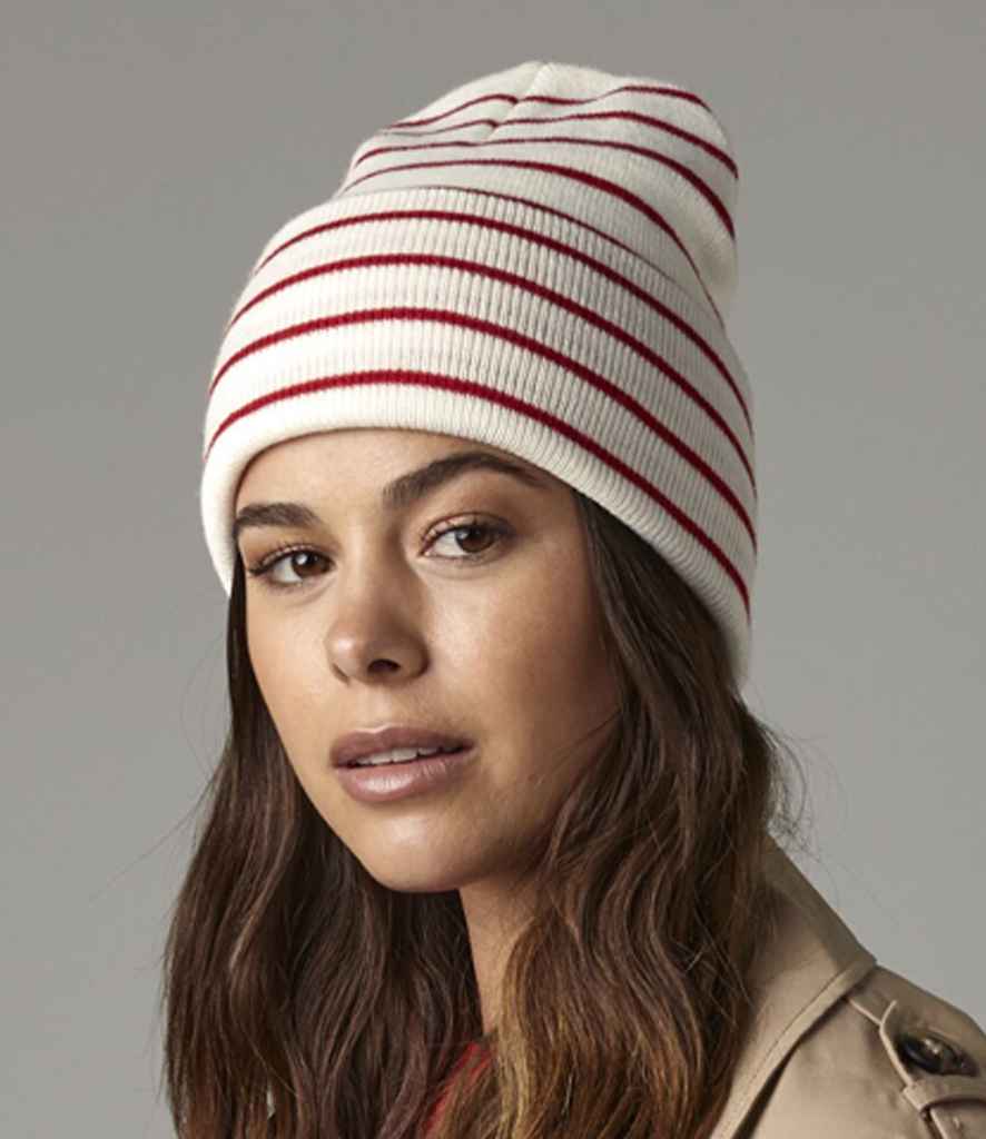 Model Image Beechfield Original Deep Cuffed Striped Beanie Soft White And Classic Red