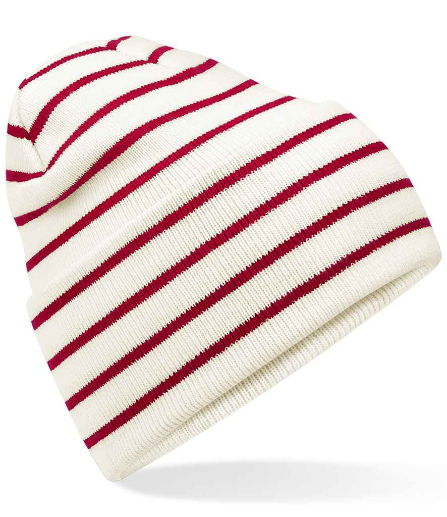 Product Image Beechfield Original Deep Cuffed Striped Beanie Soft White And Classic Red