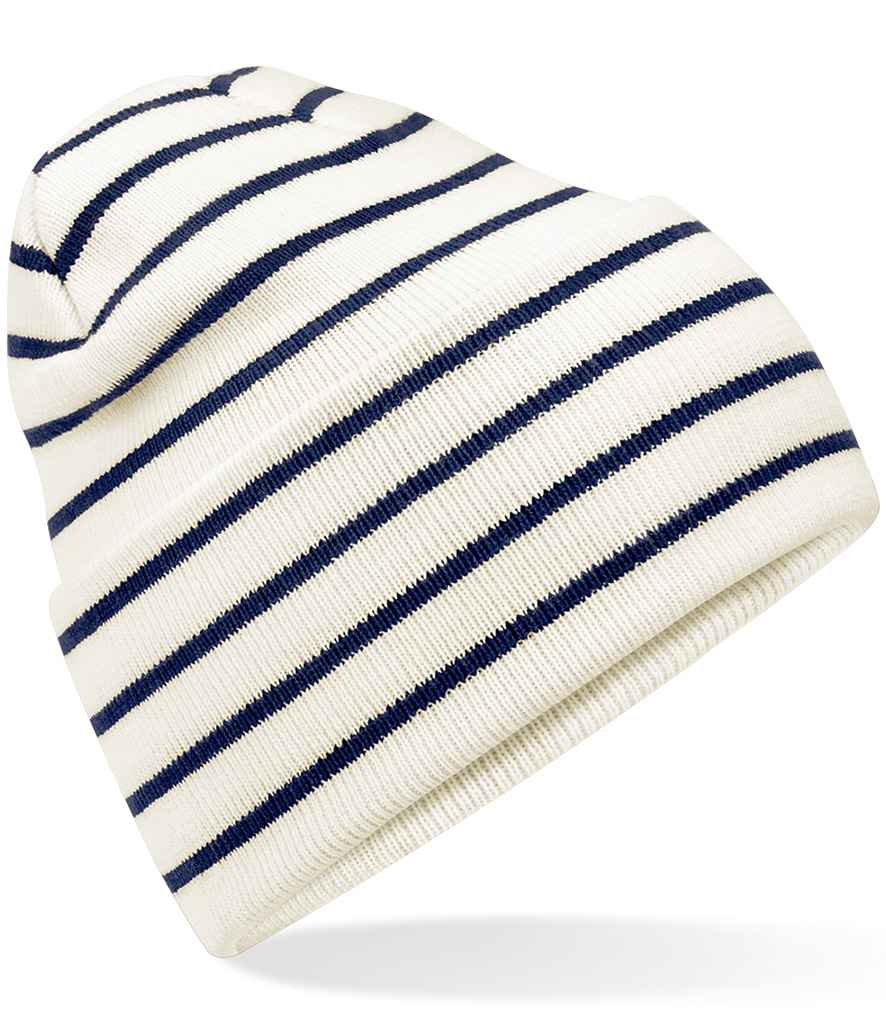 Product Image Beechfield Original Deep Cuffed Striped Beanie Soft White And French Navy