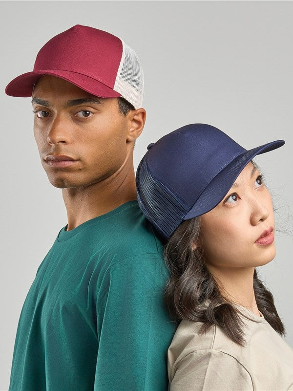 Model Image of Atlantis Rapper Cotton 5 Panel Trucker Cap Adult in Burgundy/stone and navy/navy
