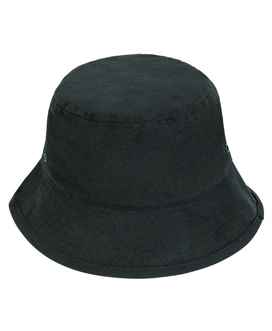 Black stanley stella bucket hat with metal eyelets on a white background