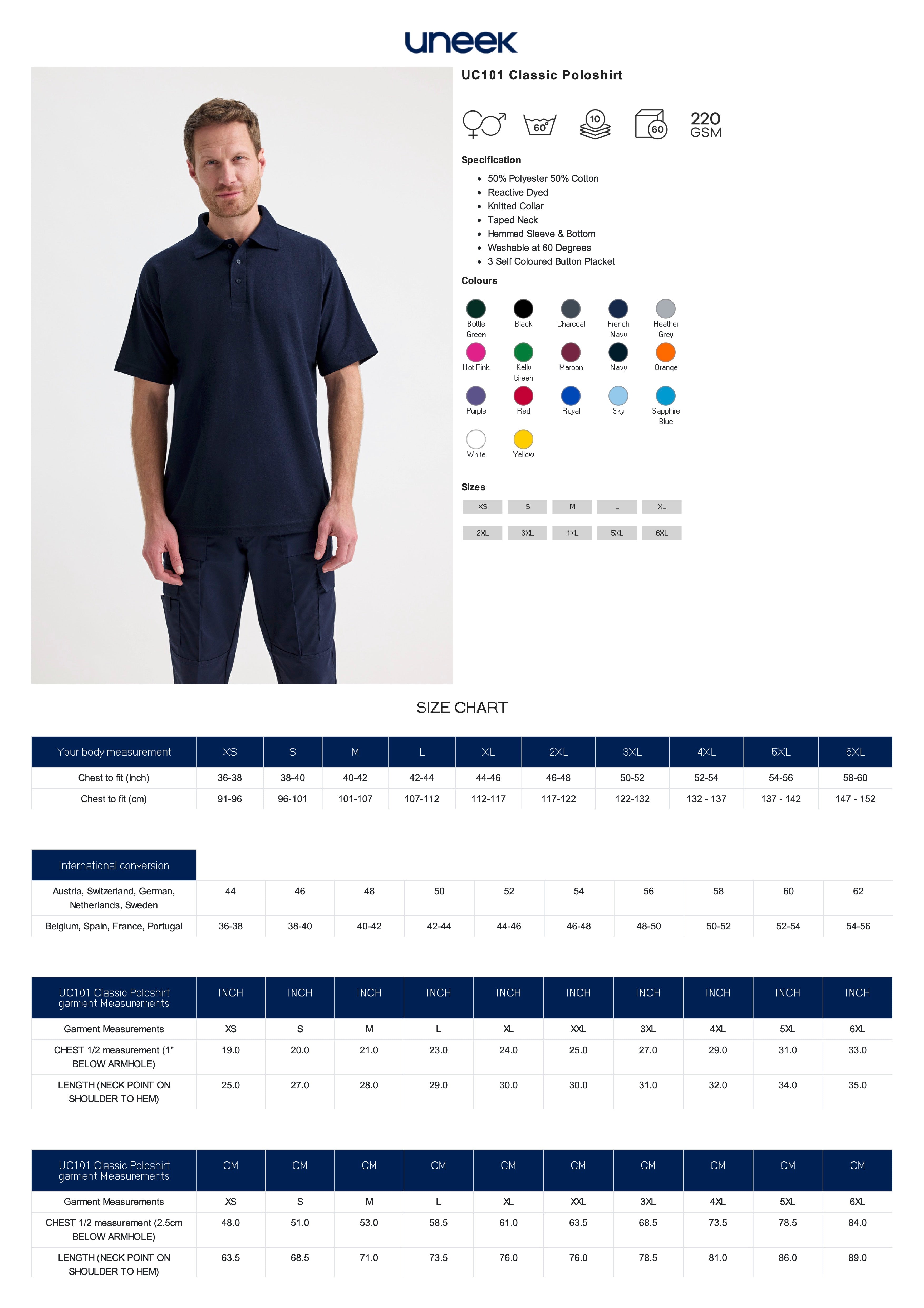 Uneek Classic Polo-shirt Product Specifications and Sizing Details