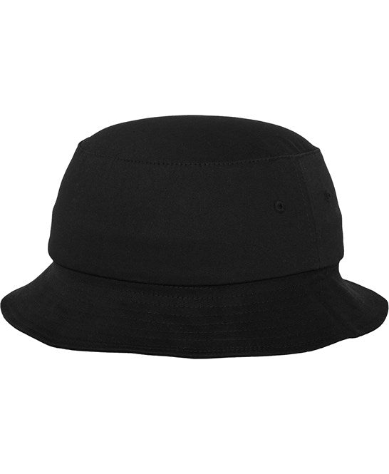 Black flexfit cotton twill bucket hat on a white background