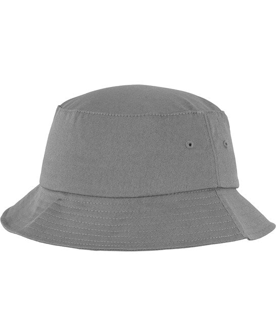 Grey flexfit cotton twill bucket hat on a white background