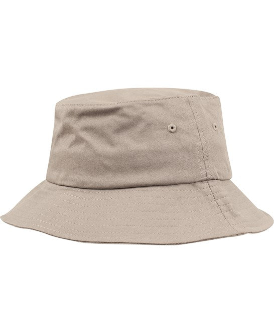 Khaki flexfit cotton twill bucket hat on a white background