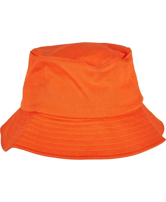 Orange flexfit cotton twill bucket hat on a white background
