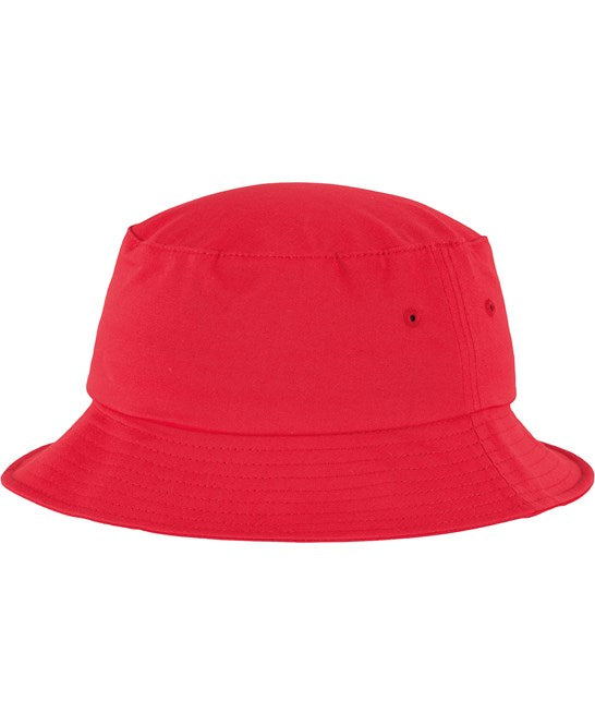 Red flexfit cotton twill bucket hat on a white background