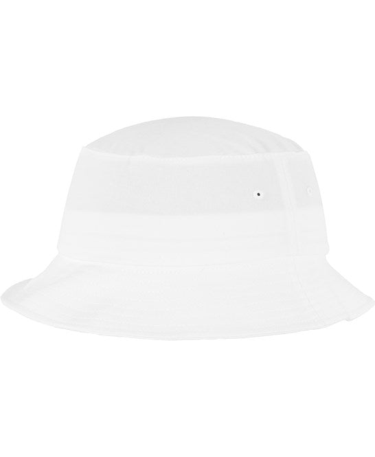 White flexfit cotton twill bucket hat on a white background