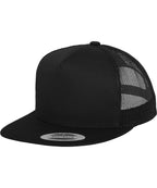 product image of flexfit classic trucker cap in the colour black viewed from the side photographed on a white background