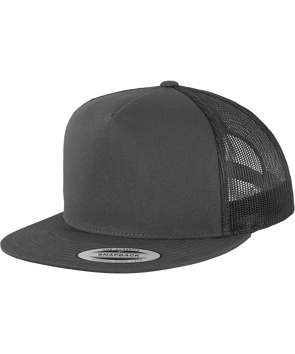 product image of flexfit classic trucker cap in the colour charcoal viewed from the side photographed on a white background
