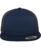 product image of flexfit classic trucker cap in the colour navy viewed from the front photographed on a white background
