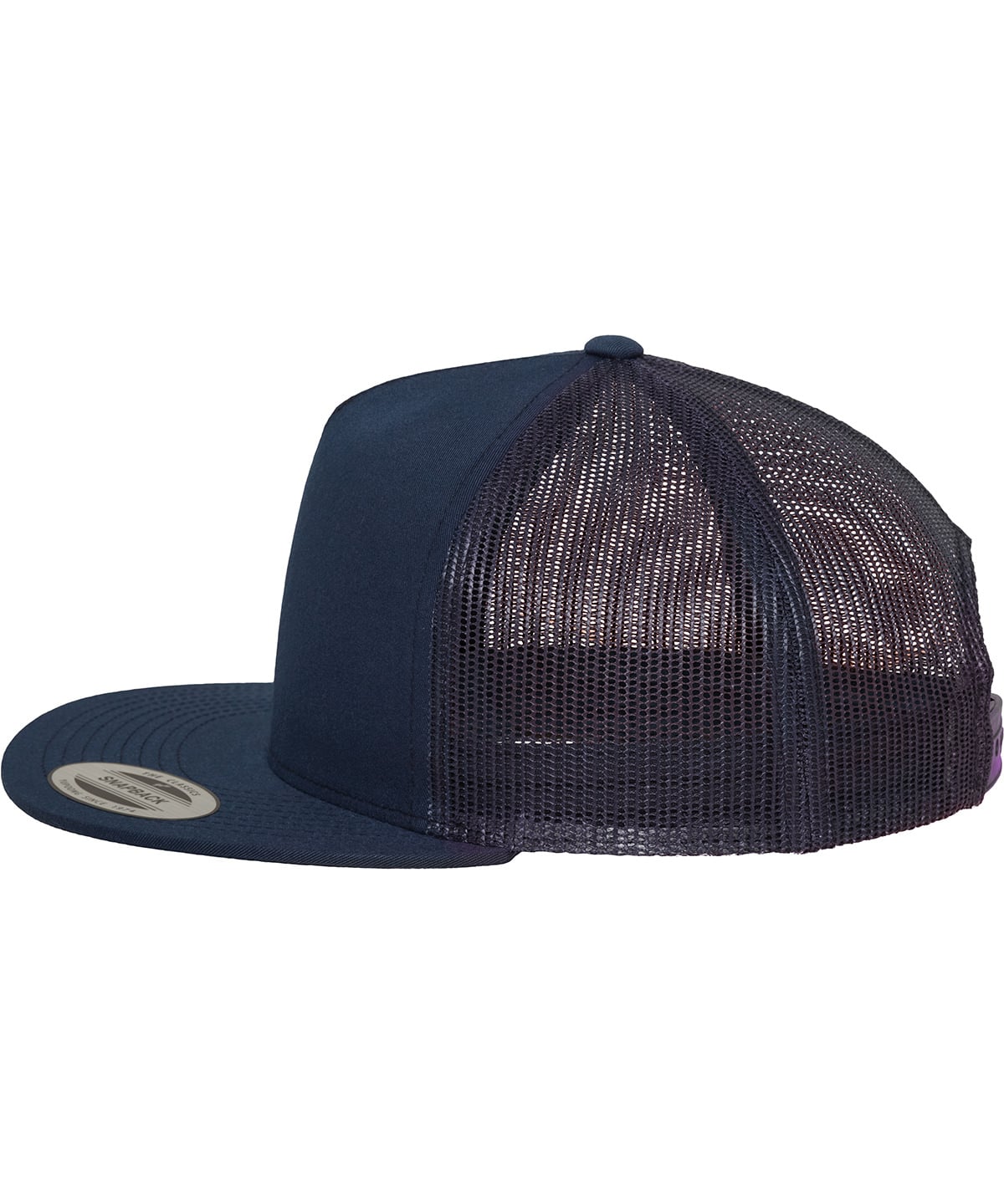 product image of flexfit classic trucker cap in the colour navy viewed from the side photographed on a white background