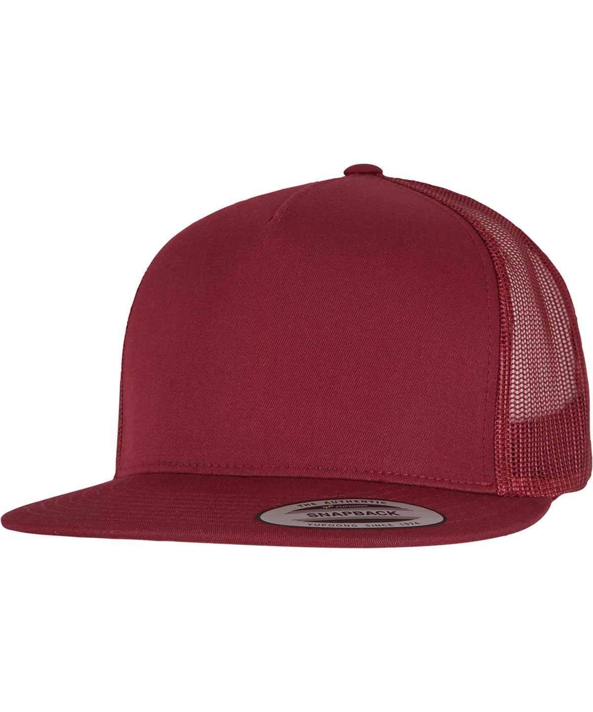 product image of flexfit classic trucker cap in the colour maroon viewed from the side photographed on a white background