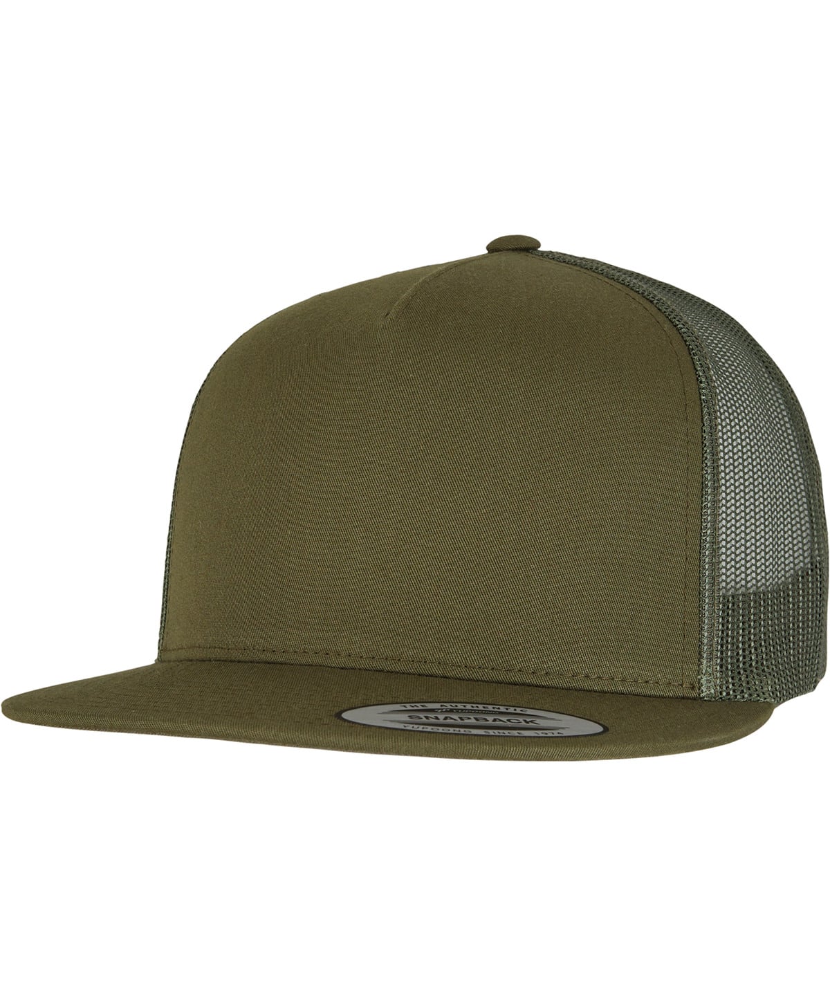 product image of flexfit classic trucker cap in the colour moss green viewed from the side photographed on a white background