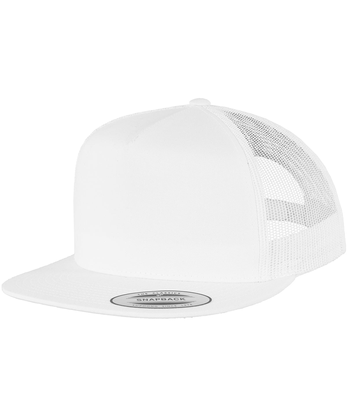 product image of flexfit classic trucker cap in the colour white viewed from the side photographed on a white background