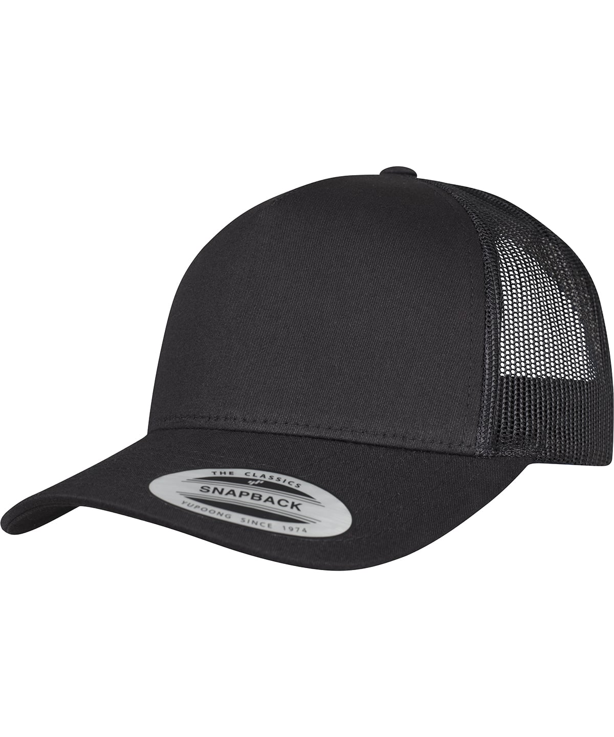 product image of flexfit 5 panel retro trucker cap in the colour black viewed from the front photographed on a white background 