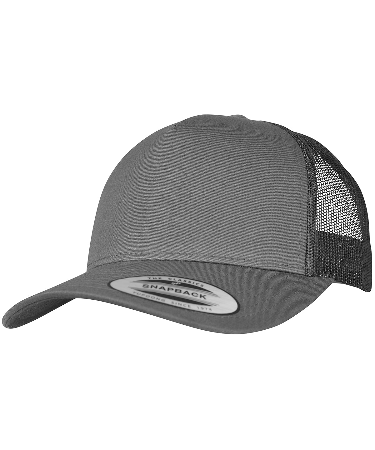 product image of flexfit 5 panel retro trucker cap in the colour charcoal viewed from the front photographed on a white background 